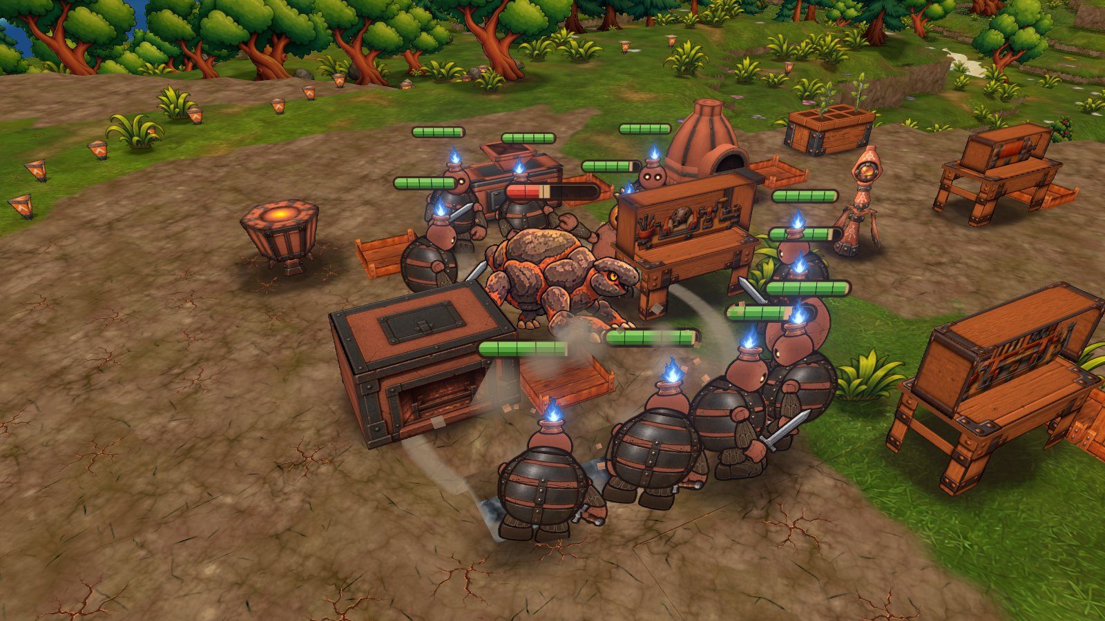 Plated golem soldiers swing swords at a hulking rock Ashback