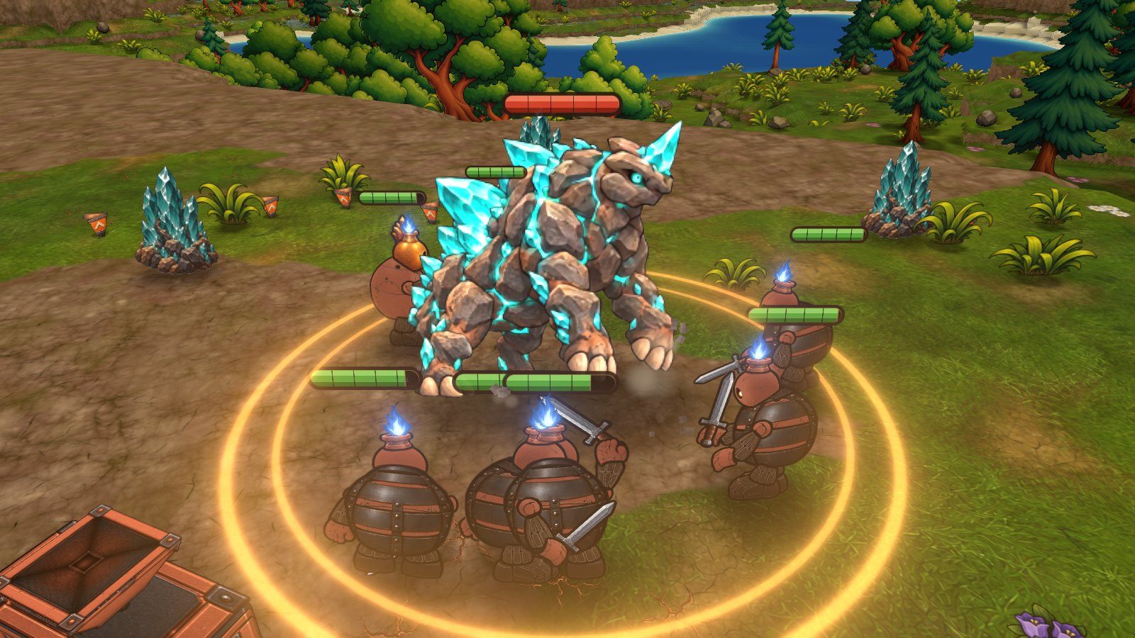 Five sword-and-plate golems surround a crystal-armoured Ashback inside a ring of light