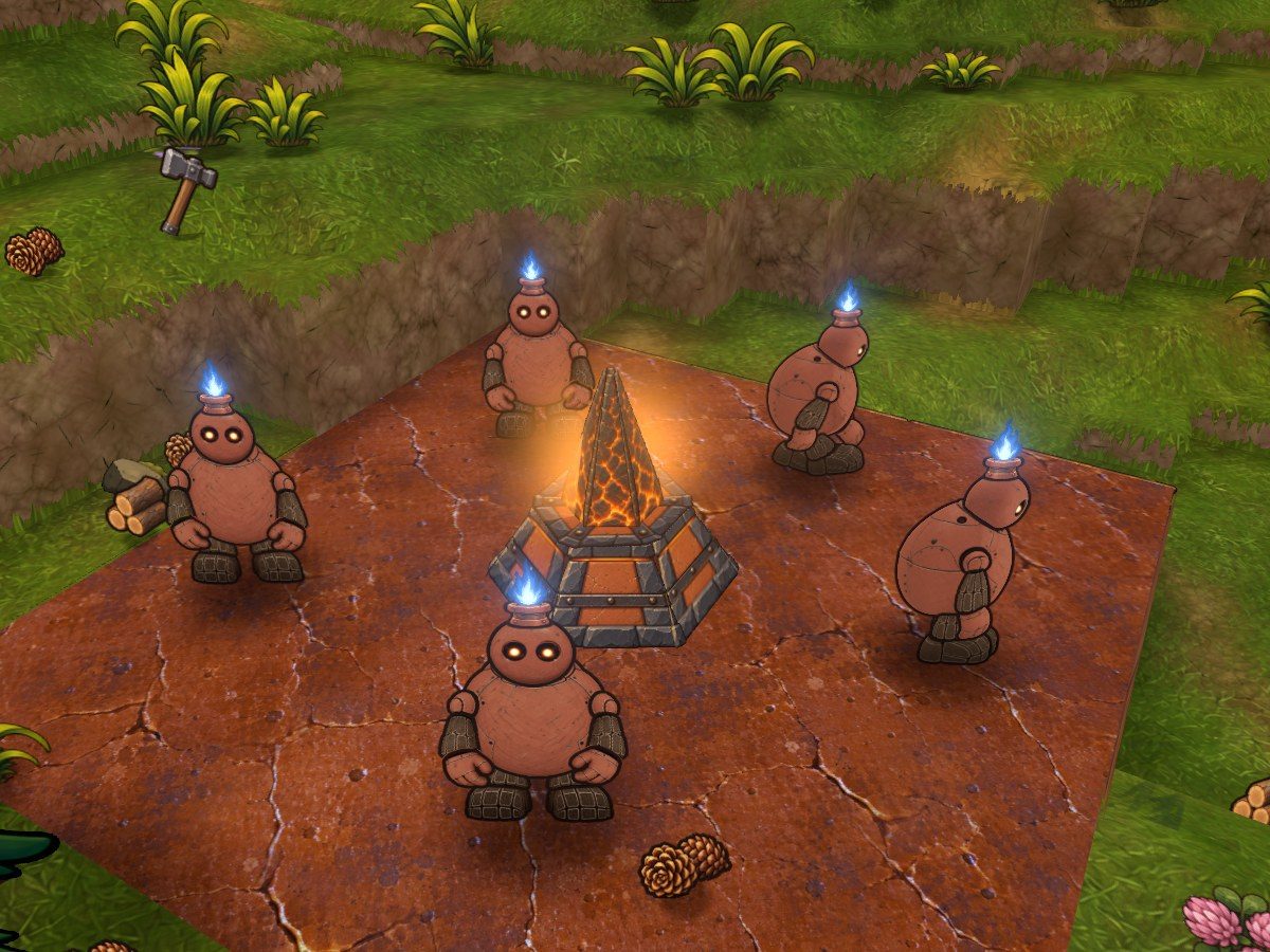 Five clay golems stand on a cracked clay platform around a glowing ember seed